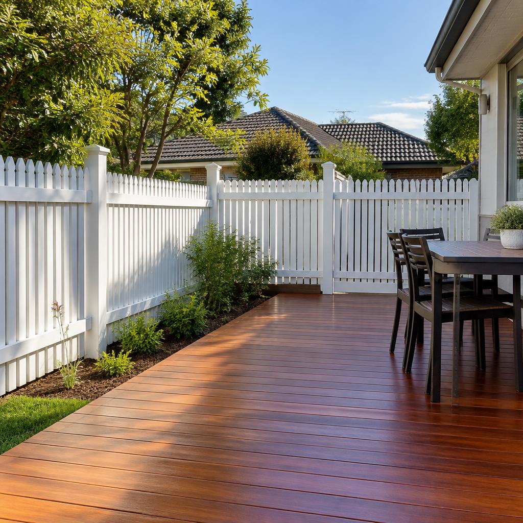 Freshly painted timber fence and stained timber deck