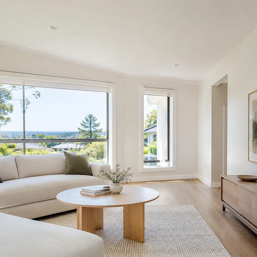 Freshly painted white living room with large windows